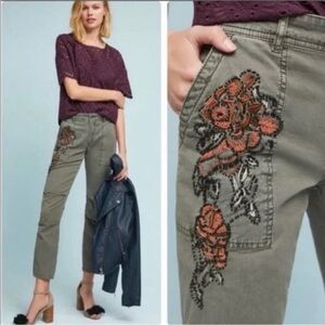 NWOT Anthropologie The Wanderer Olive Chino Pant with Beaded Embroidery Size 25